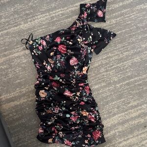 Lovers + Friends Black Floral One-Shoulder Dress